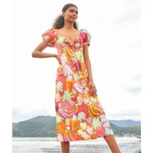 NWT FARM Rio Fruit Salad Maxi Midi Tropical Print Puff Sleeve Dress size X-Large